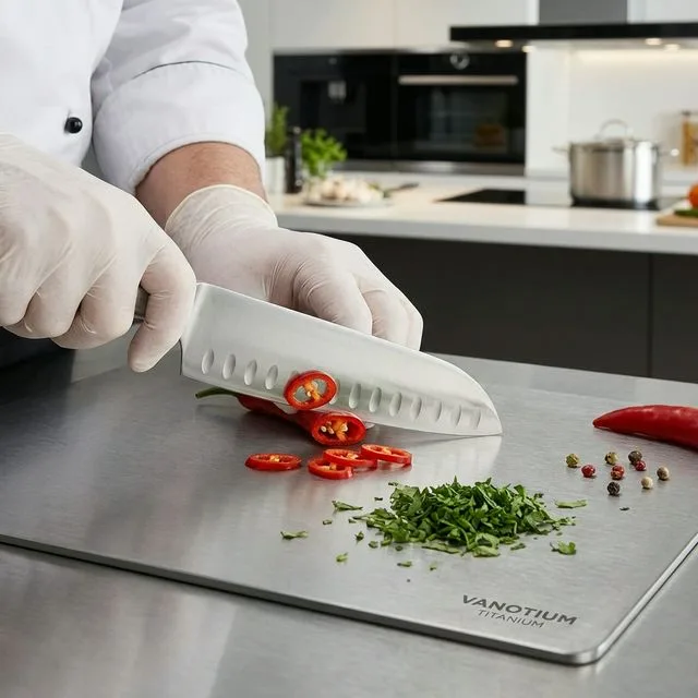Professional chef chopping vegetables on the Vanotium Titanium Board